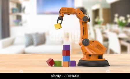 3d rendering robotic arm arrange toy blocks in house Stock Photo