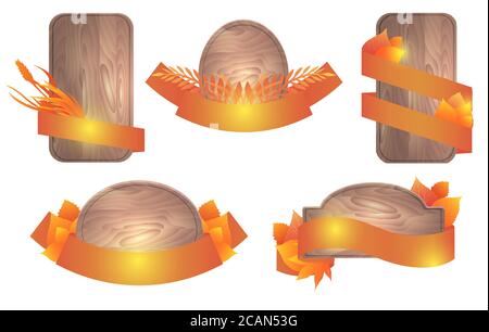 Set of wooden boards with orange ribbons and autumn leaves. Vector element for banners, advertisements, ads, and your design Stock Vector
