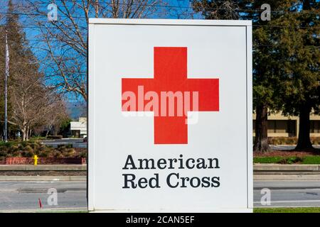 American Red Cross sign. American Red Cross is humanitarian organization that provides emergency assistance, disaster relief and disaster preparedness Stock Photo
