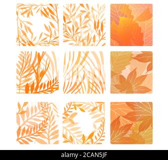 Set of square shapes with autumn leaves and herbs. Vector design elements. Stock Vector