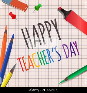 Vector illustration background with a notebook into a cell, markers, colored pencils, eraser and thumbtacks for your creativity. Teacher's Day. Stock Vector
