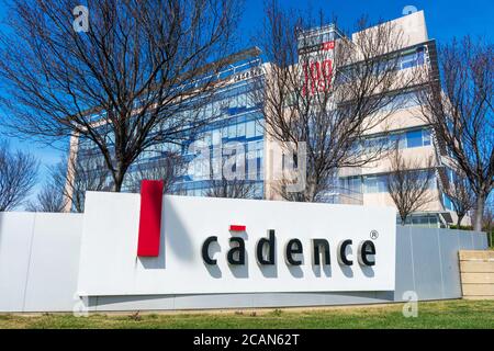 Cadence sign on company headquarters in Silicon Valley. Cadence is a multinational electronic design automation software and engineering services amer Stock Photo