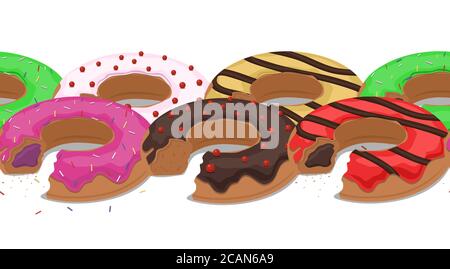 Seamless border with bitten donuts into the glaze and grit. Vector element for your design and postcards Stock Vector