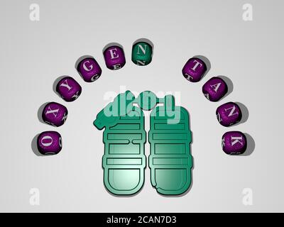 OXYGEN TANK icon surrounded by the text of individual letters. 3D illustration. background and air Stock Photo