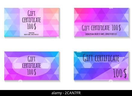 Set of gift certificate with a polygonal triangular background. Brochures, vouchers and banners for your creativity Stock Vector