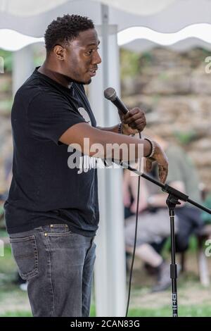 Northampton, UK. 06th Aug, 2020. Stand-up comedian, Nathan Caton plays The Comedy Crate's first socially distanced comedy show at The Black Prince. Credit: SOPA Images Limited/Alamy Live News Stock Photo