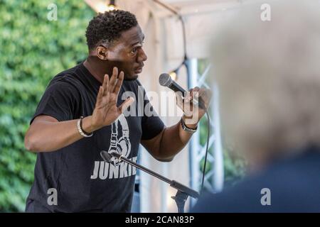 Northampton, UK. 06th Aug, 2020. Stand-up comedian, Nathan Caton plays The Comedy Crate's first socially distanced comedy show at The Black Prince. Credit: SOPA Images Limited/Alamy Live News Stock Photo