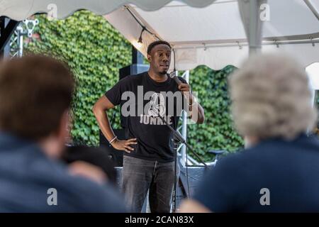 Northampton, UK. 06th Aug, 2020. Stand-up comedian, Nathan Caton plays The Comedy Crate's first socially distanced comedy show at The Black Prince. Credit: SOPA Images Limited/Alamy Live News Stock Photo