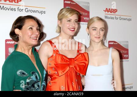 LOS ANGELES - JAN 8:  Laurie Metcalf, Greta Gerwig, Saoirse Ronan  at the AARP's 17th Annual Movies For Grownups Awards at Beverly Wilshire Hotel on January 8, 2018 in Beverly Hills, CA Stock Photo