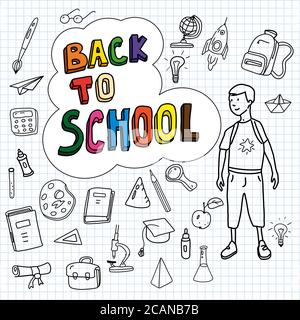 Back to school, poster with doodles drawn by hand, schoolboy goes to school, set of school icons, banner, invitation cards, cartoon style, vector Stock Vector