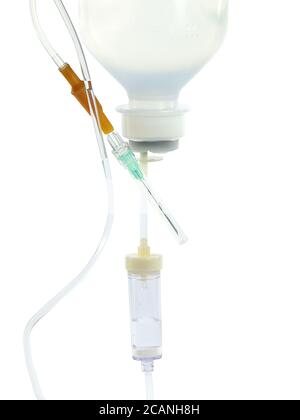 Intravenous Infusion system with saline solution bottle, isolated on white Stock Photo