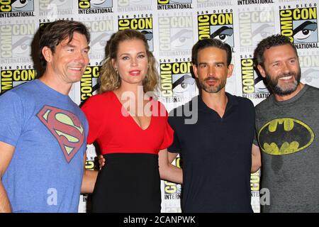 SAN DIEGO - July 20:  Jerry O'Connell, Rebecca Romijn, Christopher Gorham, Jason O'Mara at the 'The Death of Superman' Press Line at the Comic-Con International on July 20, 2018 in San Diego, CA Stock Photo