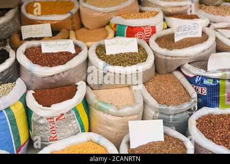 Kerala, India. September 07, 2019. Grocery cereal, grains shop on the street at Chalai Bazaar Kizhakkekotta Thiruvananthapuram or Trivandrum. Stock Photo