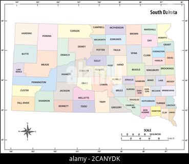 south dakota state outline administrative and political map in color Stock Vector