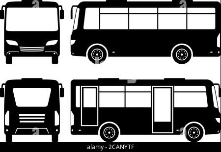 Small bus silhouette on white background. Vehicle icons set view from side, front, and back Stock Vector