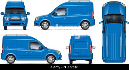 Delivery blue van vector mockup for vehicle branding, advertising, corporate identity.  All elements in the groups on separate layers for easy editing Stock Vector
