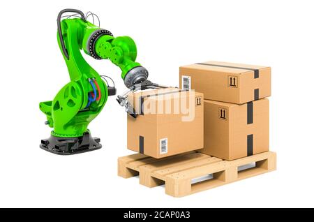 Automatic warehouse concept with 3d rendering robot arm with forklift ...