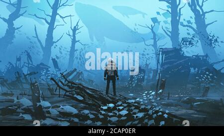 under water scene of the futuristic diver standing in a submerged town, digital art style, illustration painting Stock Photo