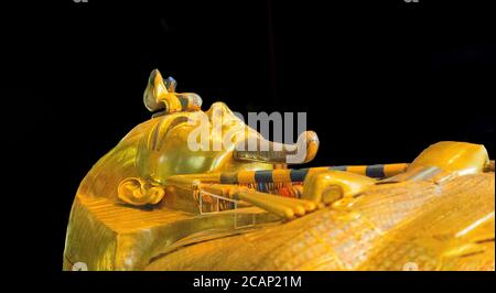 Egypt, Cairo, Tutankhamon jewellery, from his tomb in Luxor :  The third (innermost) coffin, 110 kg of massive gold. Stock Photo