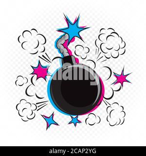 bomb sign in colored glitch shapes Stock Vector