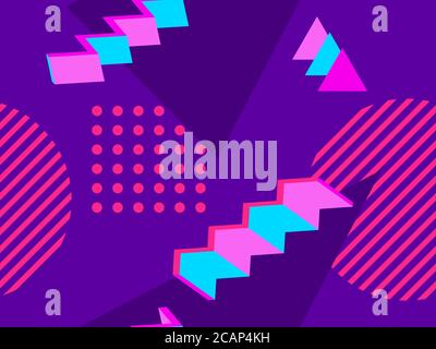 Memphis seamless pattern with geometric shapes in style of the 80s. 3d isometric geometric abstract background. Background for promotional products, w Stock Vector