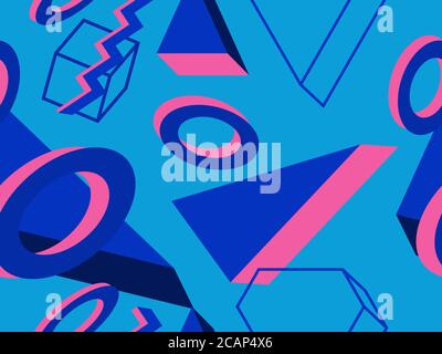 Memphis seamless pattern with geometric shapes in style of the 80s. 3d isometric geometric abstract background. Background for promotional products, w Stock Vector