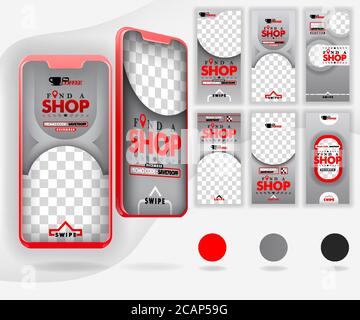 five red mockup smartphones for online promotion and internet marketing, with 6 template social media templates, can use for, landing page, template, Stock Vector