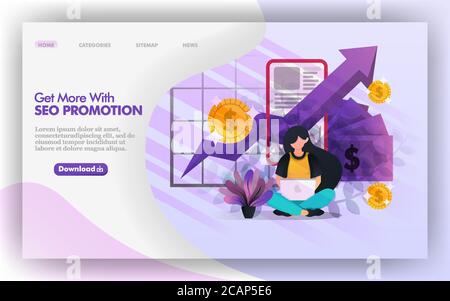 Profit optimization with SEO promotion Vector Web Illustration, Girl studying SEO promotion to increase income .  Easy to use for website, banner, bro Stock Vector