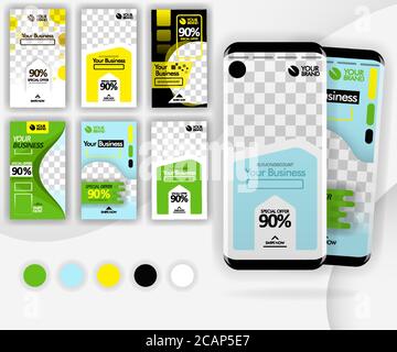 social media swipe template with a mockup smartphone for internet marketing, promotion, ads, online business, can use for, landing page, template, ui, Stock Vector