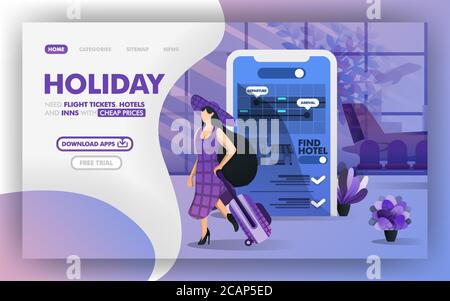 Low-cost vacation using a mobile application Vector Illustration concept, women with hats holiday using app . Easy to use for website, banner, landing Stock Vector
