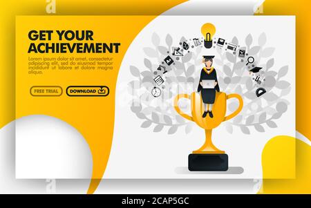 Vector illustration. Yellow website banner about get your achievement. bachelor sit on a trophy carrying a laptop and wearing toga. can use for online Stock Vector