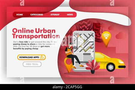 Mobile urban city transportation Flat Vector Illustration Concept, Online delivery taxi service. Easy to use for website, banner, landing page, brochu Stock Vector