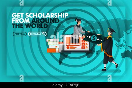 Vector illustration. Green website banner about get scholarship from around the world. Bachelor earn money from women coming out of  laptop against th Stock Vector