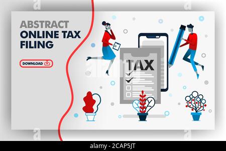 Vector abstract illustration .website banner design in white. themed online tax filing.  man holding a pencil to fill out tax form and woman was check Stock Vector