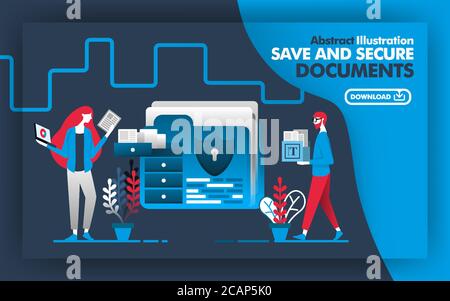 Vector abstract illustration .Blue and gray website banner or poster with theme of save and secure documents. worker are sorting and arranging documen Stock Vector