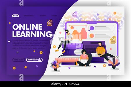 Student studying with internet Vector Web concept, distance learning system, e-learning.  Easy to use for website, banner, landing page, brochure, fly Stock Vector