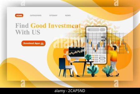 Find a good investment Vector Web Illustration, people analyze data to make decision on financial market.  Easy to use for website, banner, brochure, Stock Vector