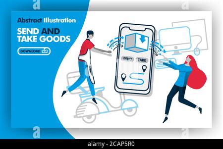 Vector abstract illustration .Blue print, online, banner media about delivery with title SEND AND TAKE GOODS. people send and receive package through Stock Vector