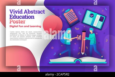 Illustration of vivid abstracts with the theme of education. the student who was writing on a giant book. can be for posters and websites. new learnin Stock Vector