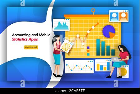 accountant need statistics for bookkeeping. accounting firms have mobile statistics apps to manage data from a company. analysis includes tax, payroll Stock Vector