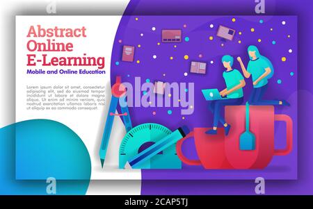 Illustration for abstract online learning with vivid themes. Education programs for online learning help government,student and teacher improve educat Stock Vector