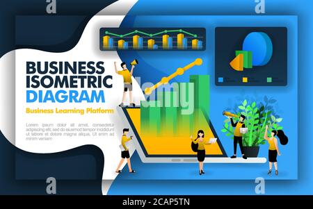 Isometric vector illustration for businesses and companies. available 3d laptops, diagram, bar charts, pie charts, worker characters and 3d line chart Stock Vector