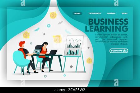 Vector illustration concept. Green Website Banner about business learning, worker learn about chart and sale growth. suitable for mobile apps, print , Stock Vector