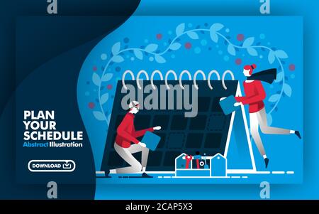 Vector abstract illustration .Web banner and poster in blue and dark blue. with title plan your schedule. people working around calendar and determine Stock Vector