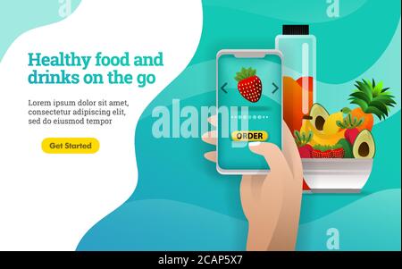 3D fruits. Healthy food and drinks on the go. people are ordering healthy fruits and vegetables with the application. can use for, landing page, web, Stock Vector