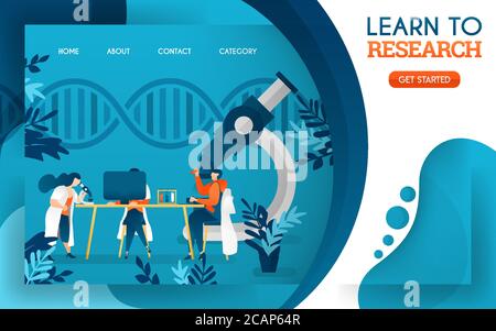 young doctors are studying research with the help of computers and microscopes. flat cartoon vector illustration Stock Vector