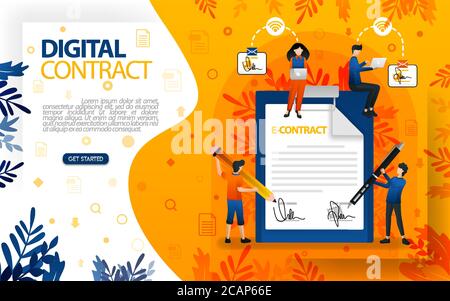 Online signatures for agreements and contracts. people who signed agreement and contract, concept vector ilustration. can use for, landing page, templ Stock Vector