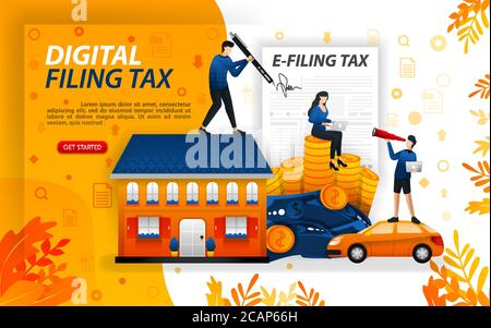 digital filing tax, filling in online taxes, people who report their wealth online, concept vector ilustration. can use for, landing page, template, u Stock Vector