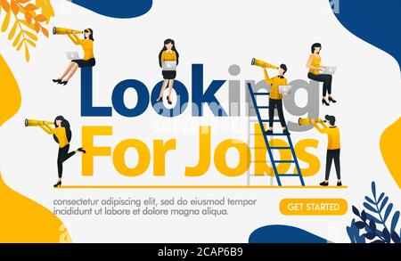 Looking for Jobs words with lots of people wearing binoculars to get a chance, concept vector ilustration. can use for landing page, template, ui, web Stock Vector