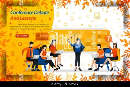 Conference debate and lessons. women teaching business and students are debating, concept vector ilustration. can use for landing page, template, ui, Stock Vector